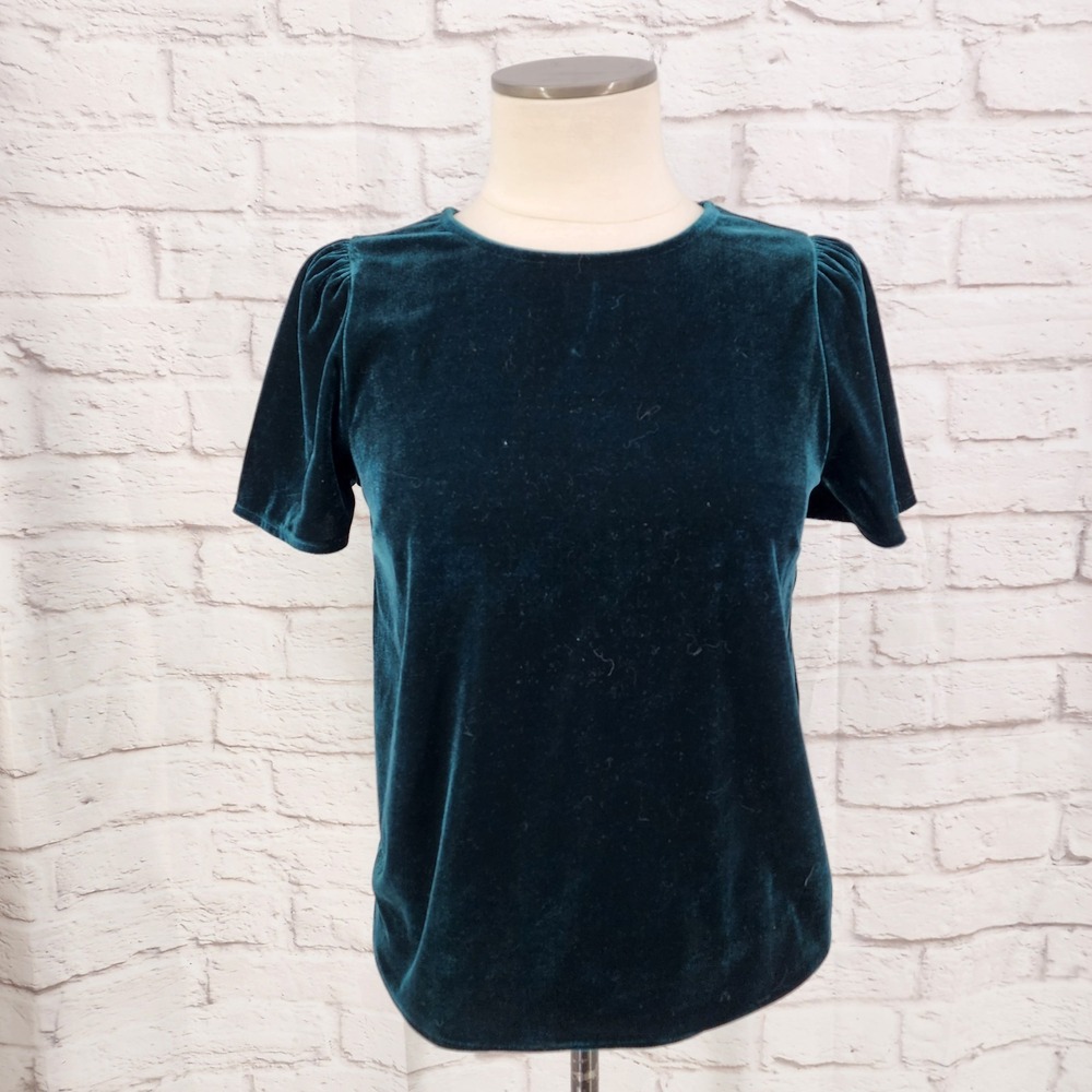 J Crew Velvet Top Glam Puff‎ Sleeve Dark Green Winter Retro Work Office Size XS